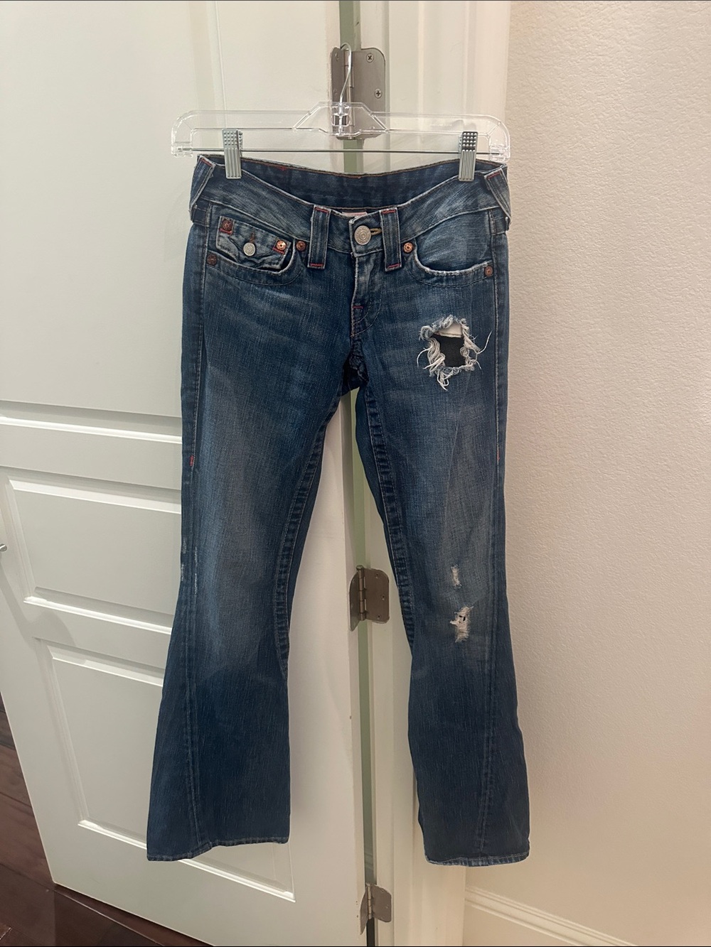 True Religion Dark Blue Distressed Flare Jeans